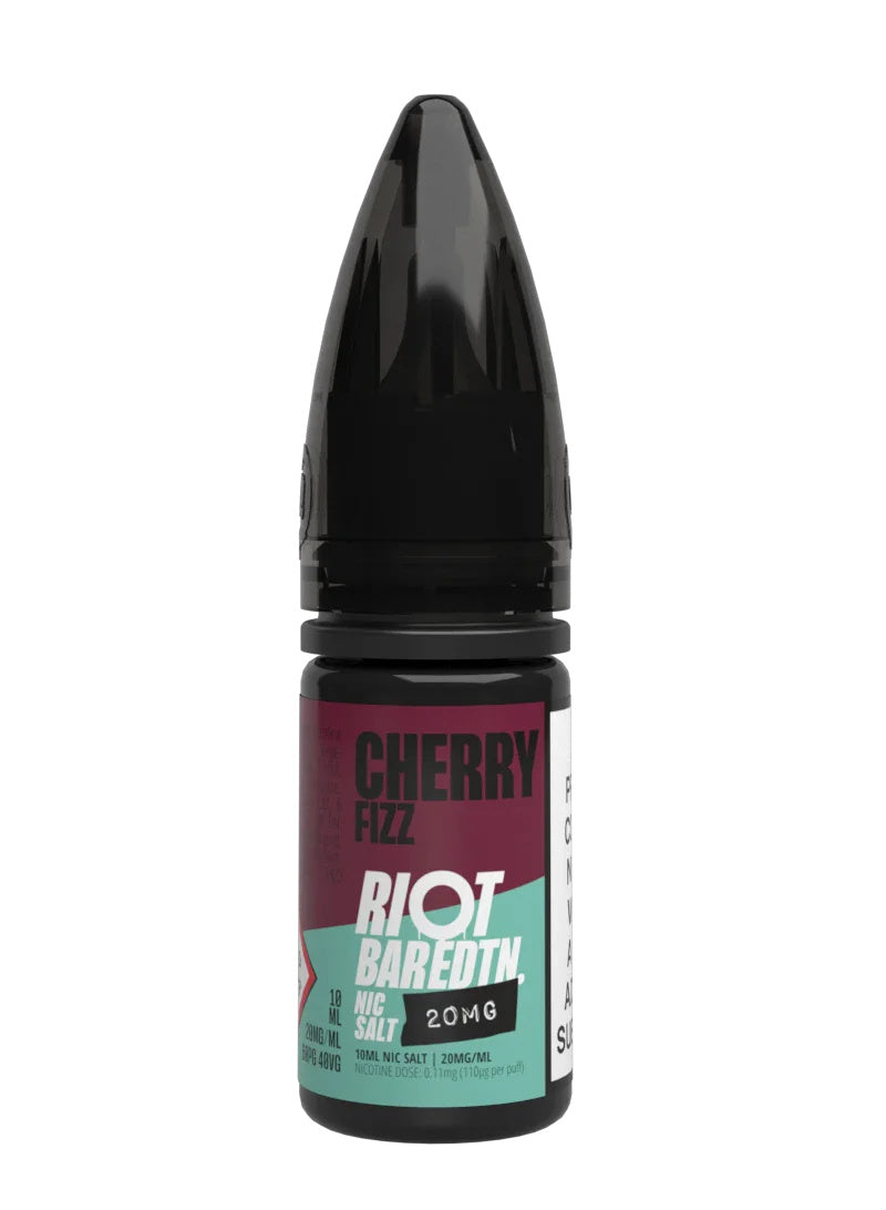 A 10ml bottle of Riot Bar Edtn Nic Salt, cherry fizz flavour e-liquid, featuring a bungra, cyan and black design