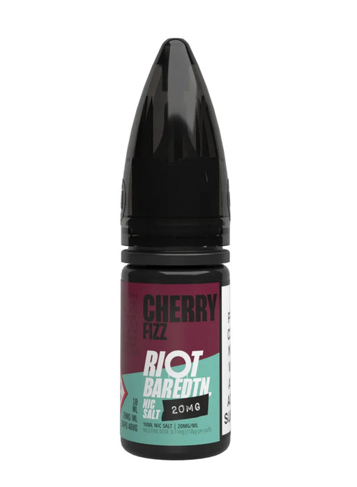 A 10ml bottle of Riot Bar Edtn Nic Salt, cherry fizz flavour e-liquid, featuring a bungra, cyan and black design