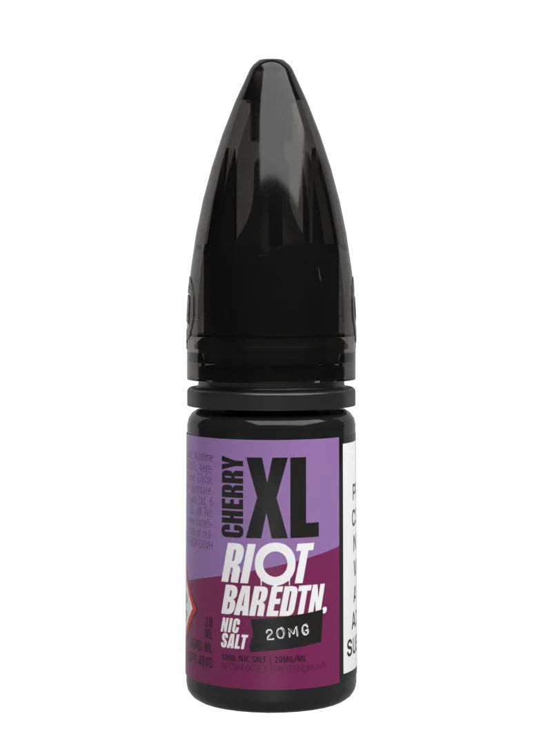 A 10ml bottle of Riot Bar Edtn Nic Salt, cherry XL flavour e-liquid, featuring a purple and black design
