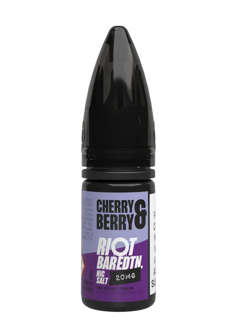 A 10ml bottle of Riot Bar Edtn Nic Salt, cherry & berry flavour e-liquid, featuring a purple and black design