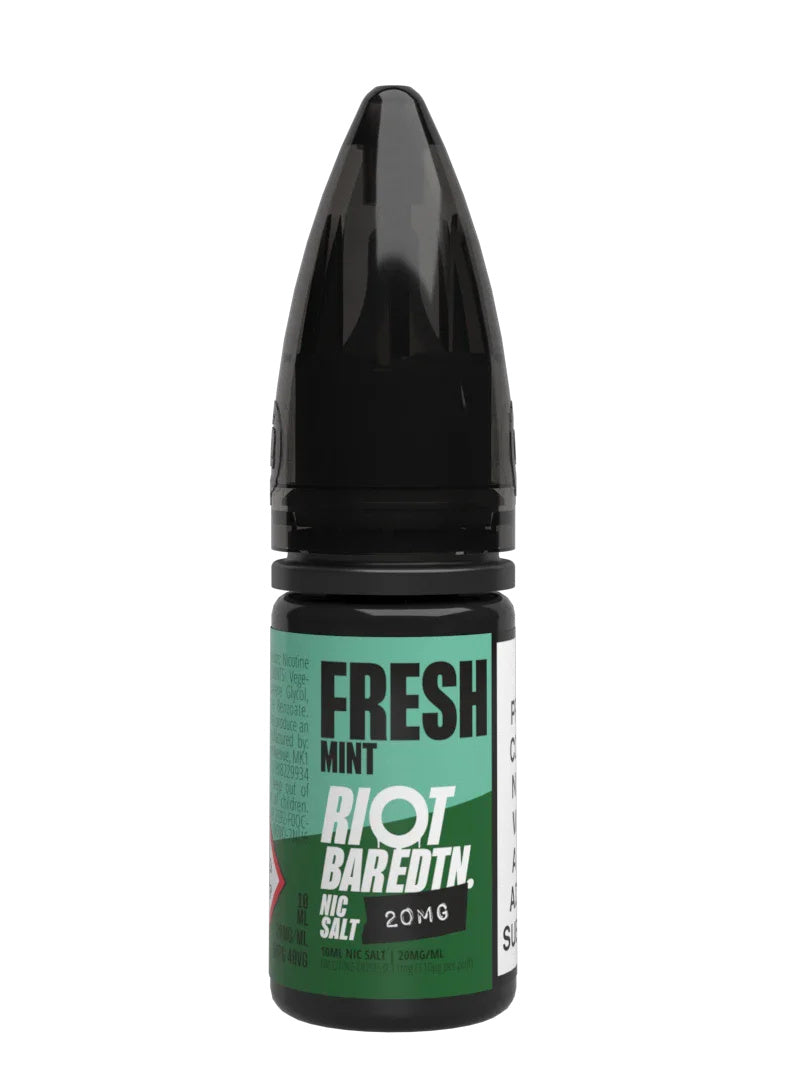 A 10ml bottle of Riot Bar Edtn Nic Salt, fresh mint flavour e-liquid, featuring a cyan, green and black design