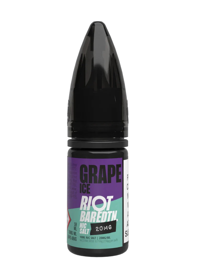 A 10ml bottle of Riot Bar Edtn Nic Salt, grape ice flavour e-liquid, featuring a purple, cyan and black design