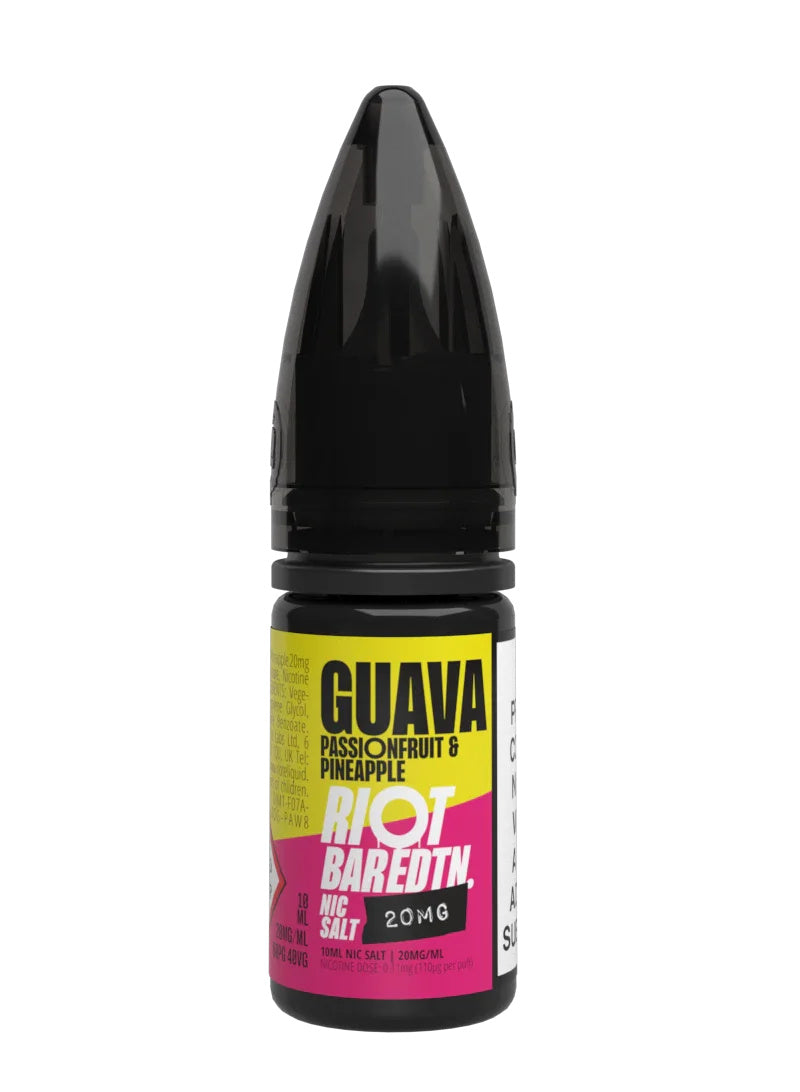 A 10ml bottle of Riot Bar Edtn Nic Salt, guava passionfruit & pineapple flavour e-liquid, featuring a yellow, pink and black design