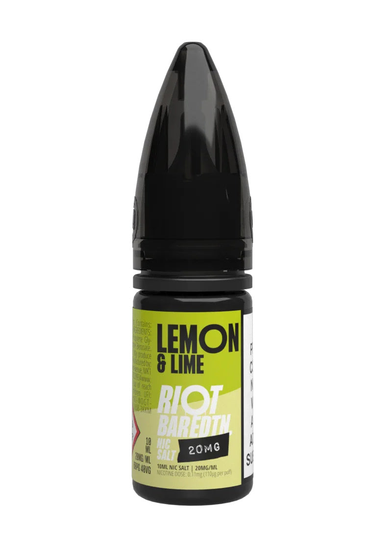 A 10ml bottle of Riot Bar Edtn Nic Salt, lemon & lime flavour e-liquid, featuring a yellow, lime and black design
