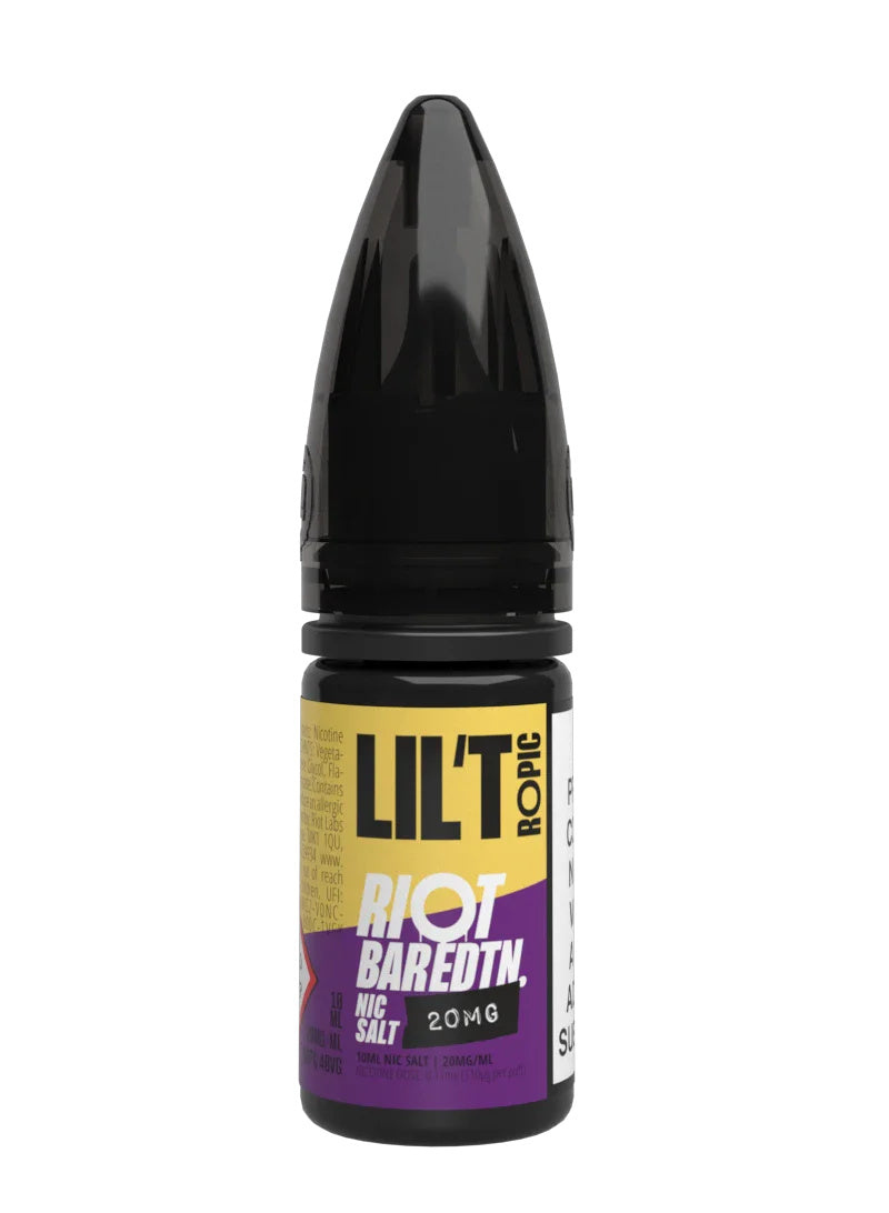 A 10ml bottle of Riot Bar Edtn Nic Salt, Lil'Tropic flavour e-liquid, featuring a yellow, purple and black design