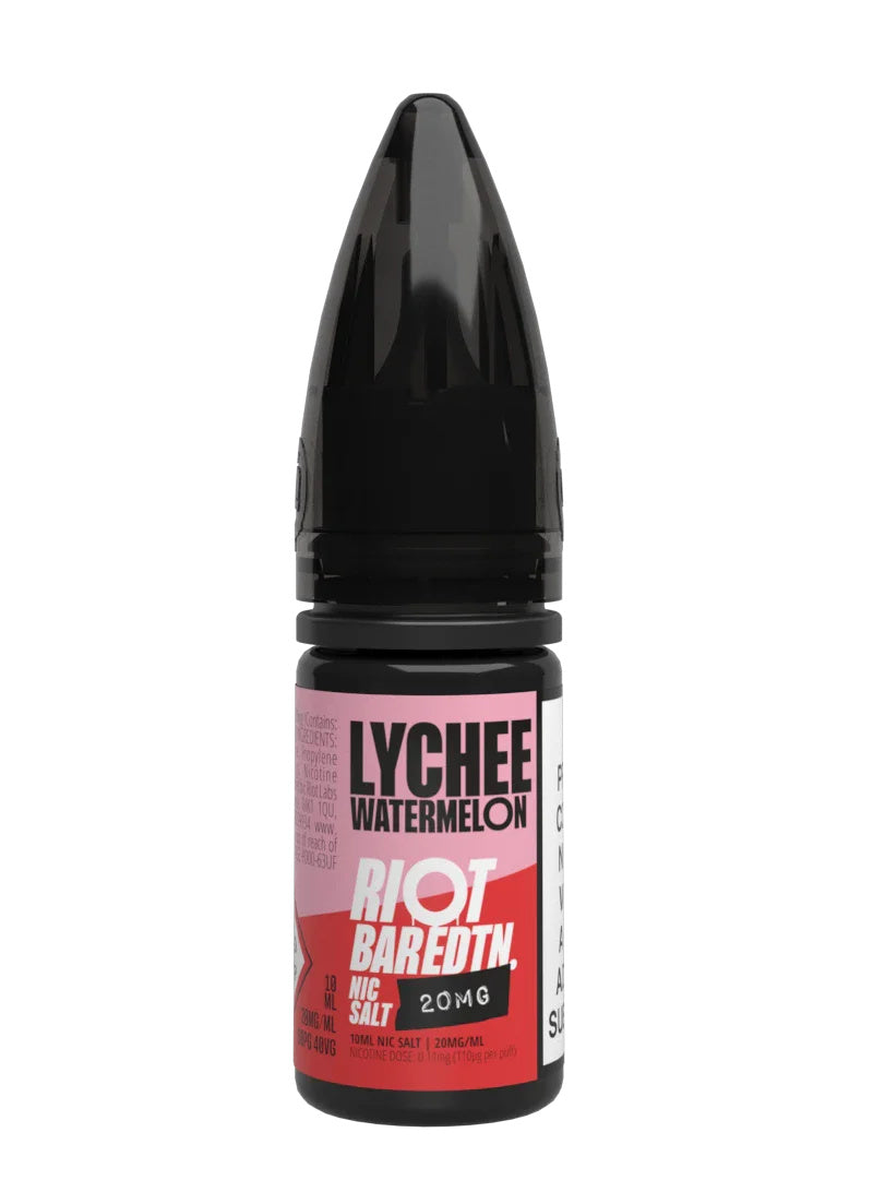 A 10ml bottle of Riot Bar Edtn Nic Salt, lychee watermelon flavour e-liquid, featuring a pink, red and black design