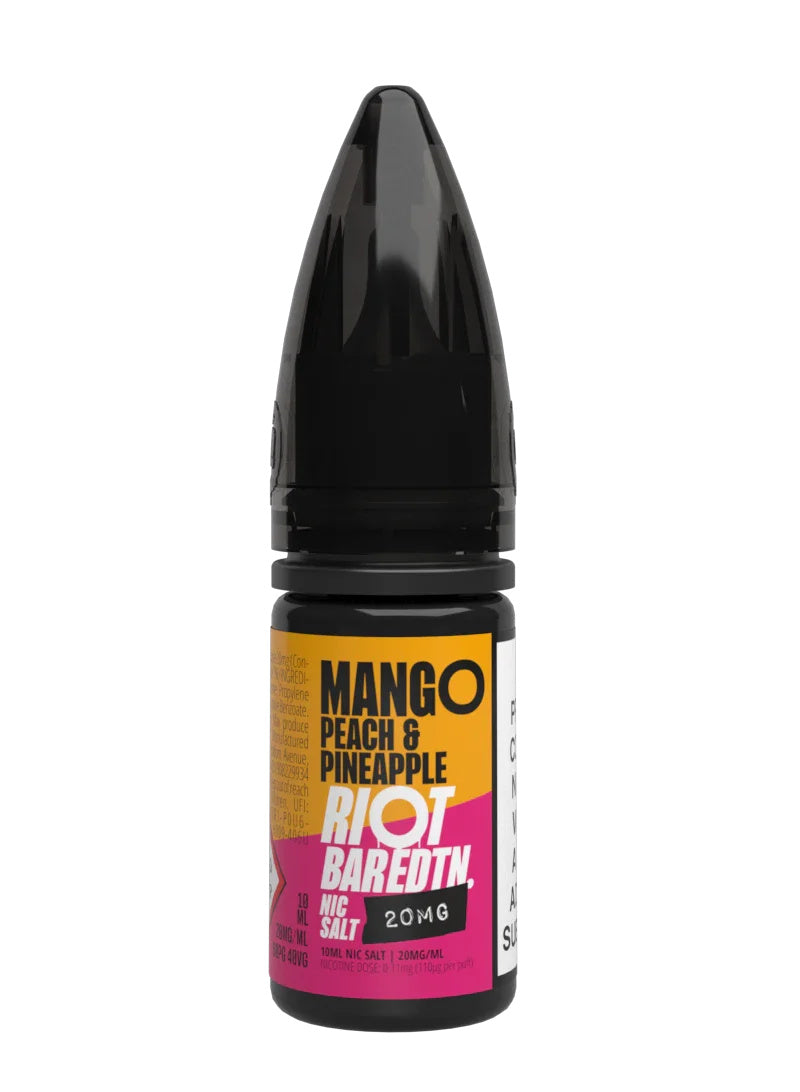A 10ml bottle of Riot Bar Edtn Nic Salt, Mango peach & pineapple flavour e-liquid, featuring a yellow, pink and black design