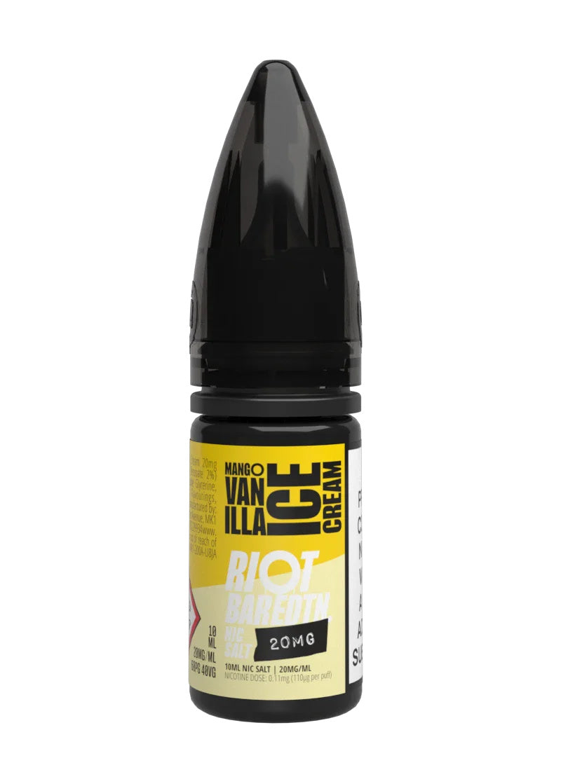 A 10ml bottle of Riot Bar Edtn Nic Salt, mango vanilla ice cream flavour e-liquid, featuring a yellow and black design