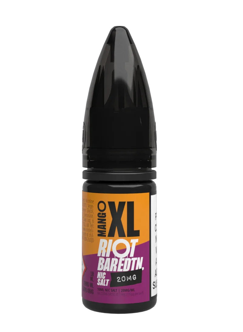 A 10ml bottle of Riot Bar Edtn Nic Salt, mango XL flavour e-liquid, featuring a orange, purple and black design