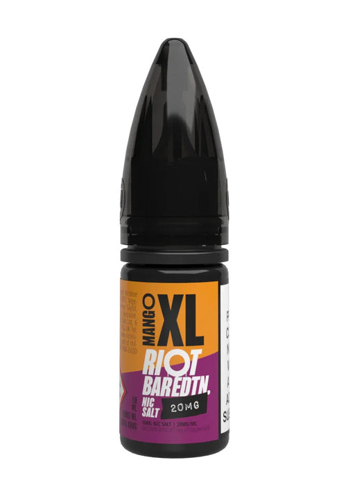 A 10ml bottle of Riot Bar Edtn Nic Salt, mango XL flavour e-liquid, featuring a orange, purple and black design