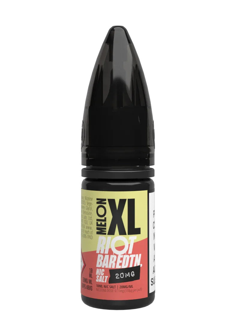 A 10ml bottle of Riot Bar Edtn Nic Salt, melon XL flavour e-liquid, featuring a yellow, peach and black design