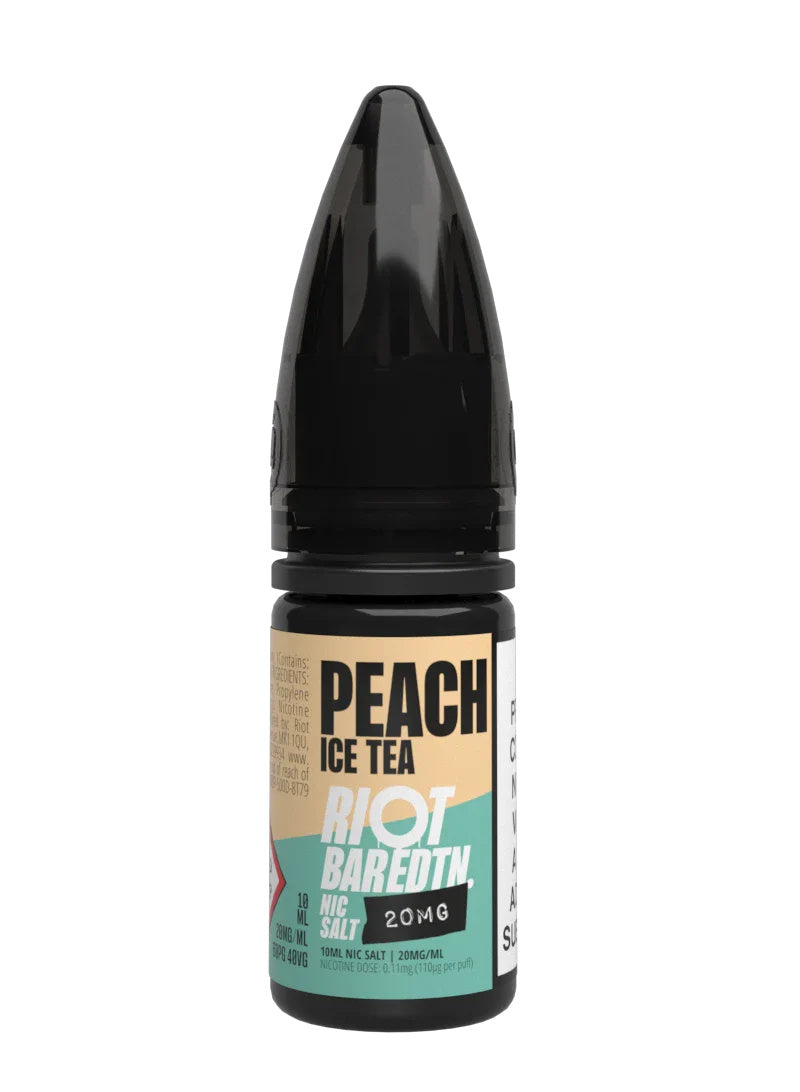 A 10ml bottle of Riot Bar Edtn Nic Salt, peach ice tea flavour e-liquid, featuring a cream, light green and black design