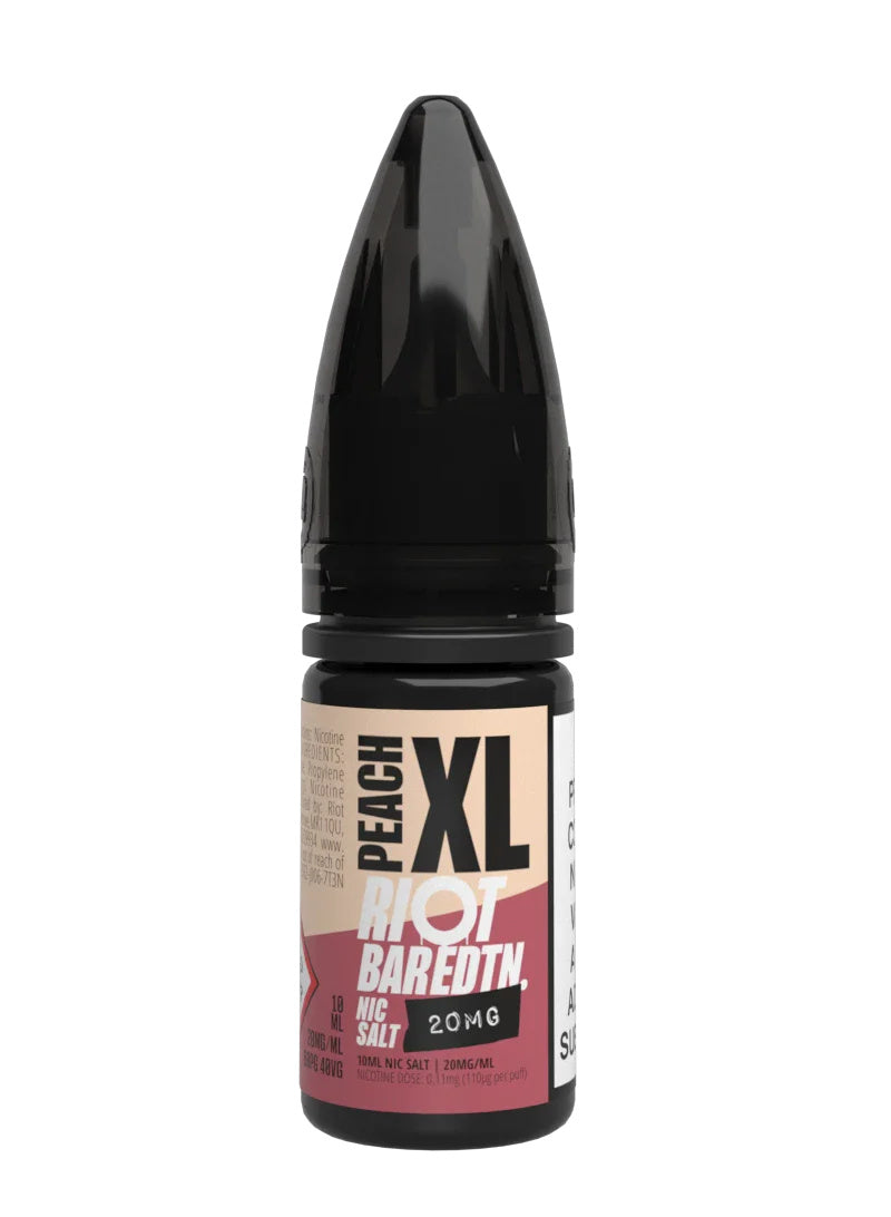 A 10ml bottle of Riot Bar Edtn Nic Salt, peach xl flavour e-liquid, featuring a rose gold, pink and black design