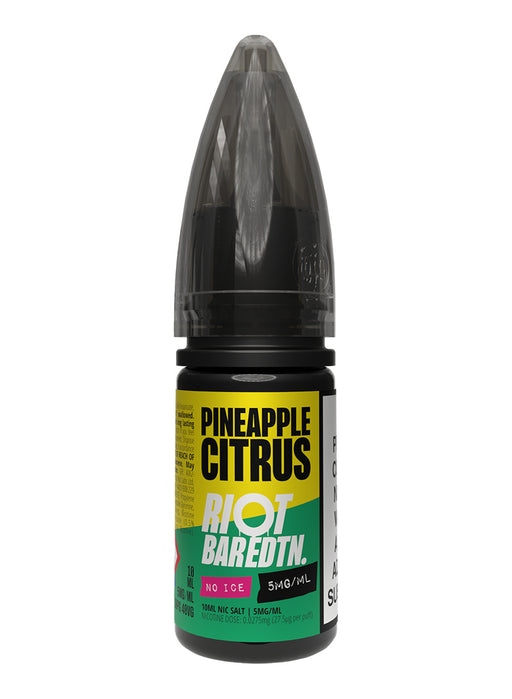 A 10ml bottle of Riot Bar Edtn Nic Salt, pineapple citrus flavour e-liquid, featuring a yellow, green and black design