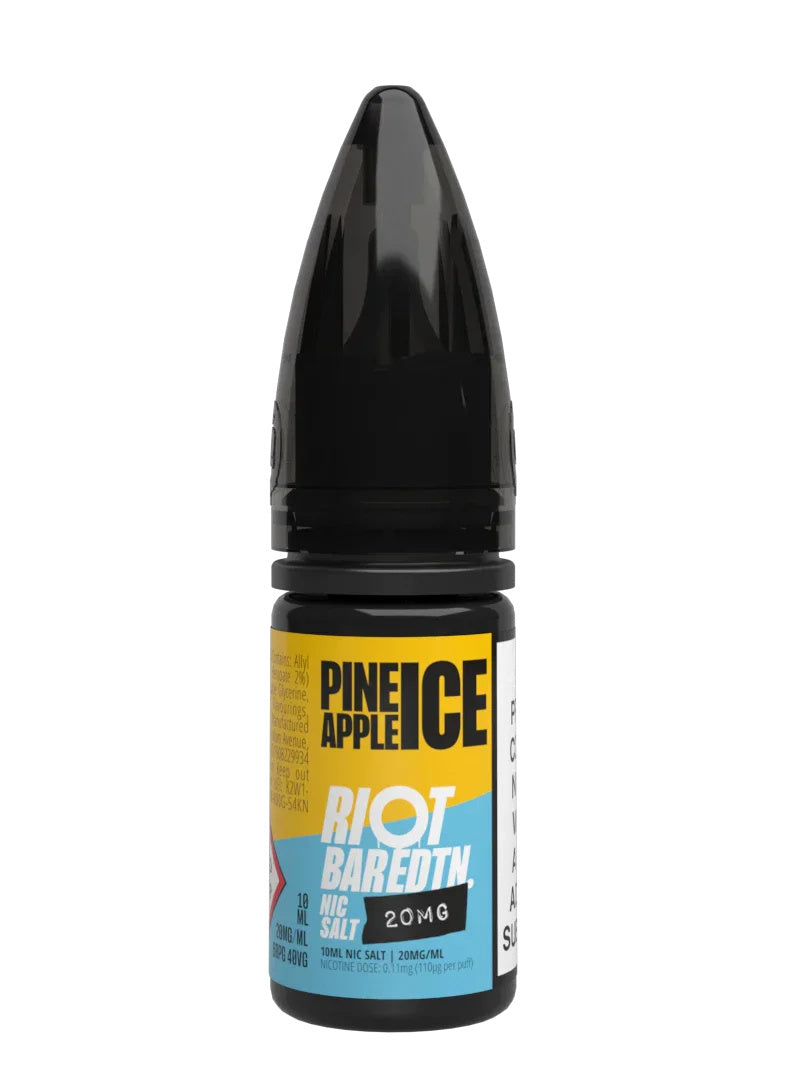 A 10ml bottle of Riot Bar Edtn Nic Salt, pineapple ice flavour e-liquid, featuring a yellow, light blue and black design