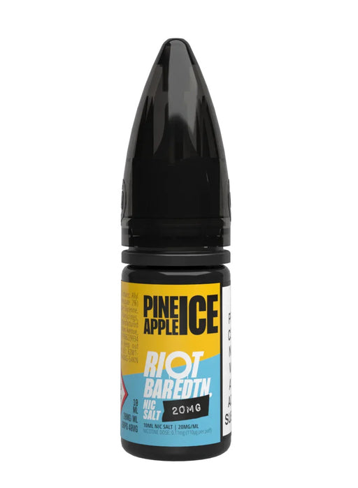 A 10ml bottle of Riot Bar Edtn Nic Salt, pineapple ice flavour e-liquid, featuring a yellow, light blue and black design