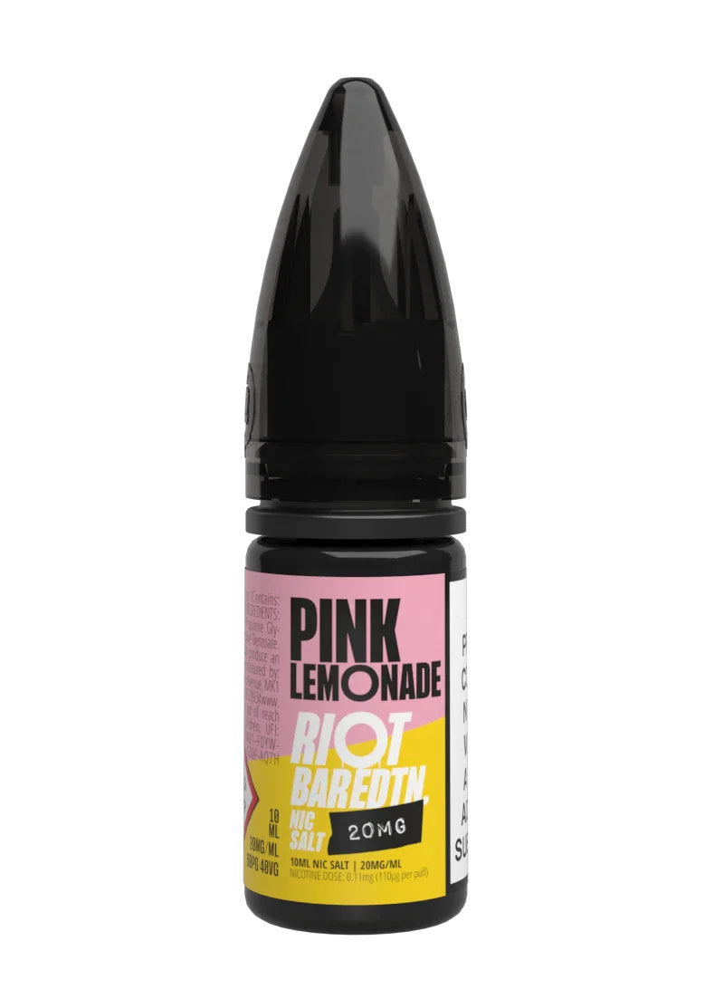 A 10ml bottle of Riot Bar Edtn Nic Salt, pink lemonade flavour e-liquid, featuring a yellow, pink and black design