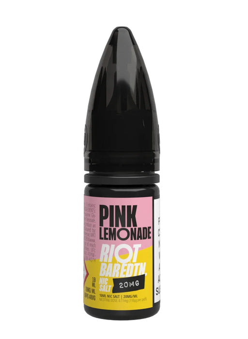 A 10ml bottle of Riot Bar Edtn Nic Salt, pink lemonade flavour e-liquid, featuring a yellow, pink and black design