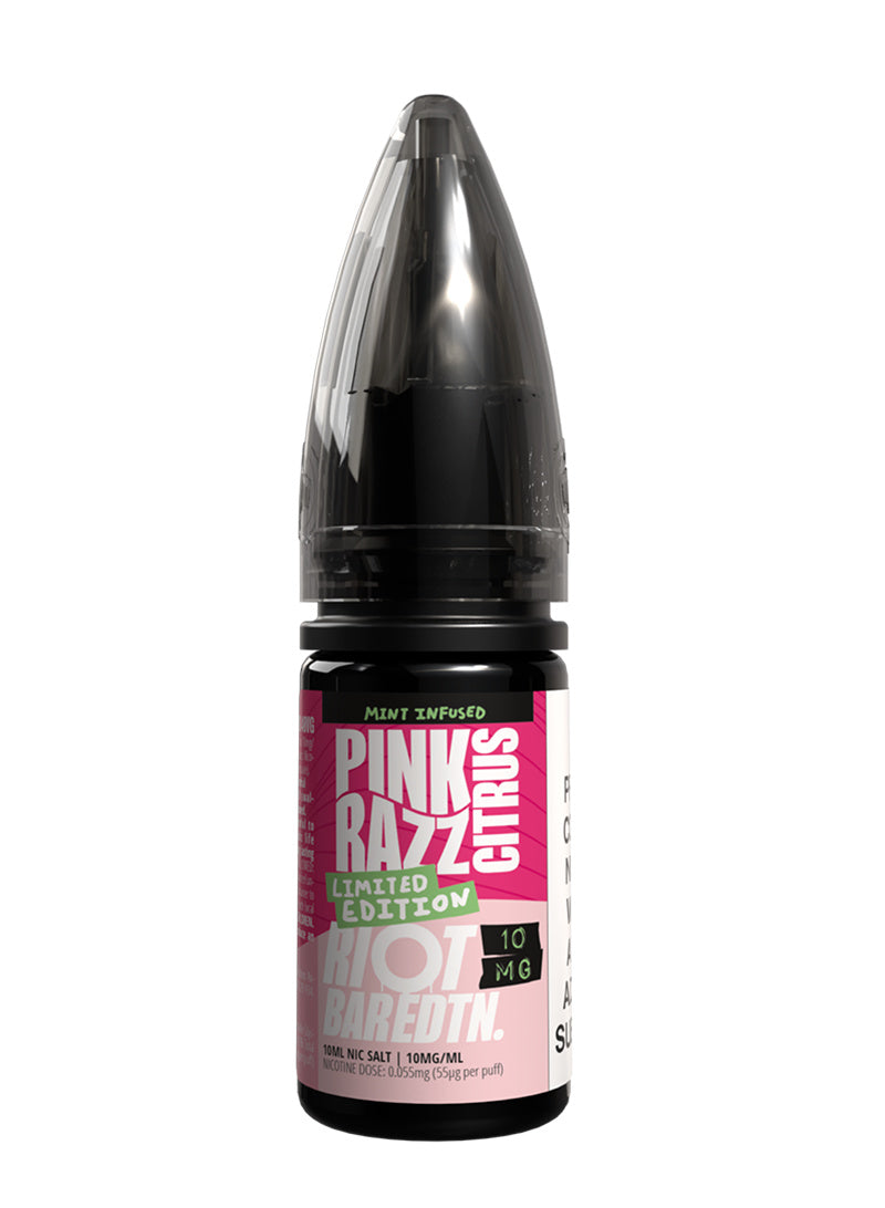 A 10ml bottle of Riot Bar Edtn Nic Salt, pink razz citrus flavour e-liquid, featuring a pink and black design