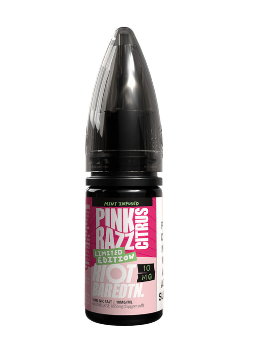 A 10ml bottle of Riot Bar Edtn Nic Salt, pink razz citrus flavour e-liquid, featuring a pink and black design