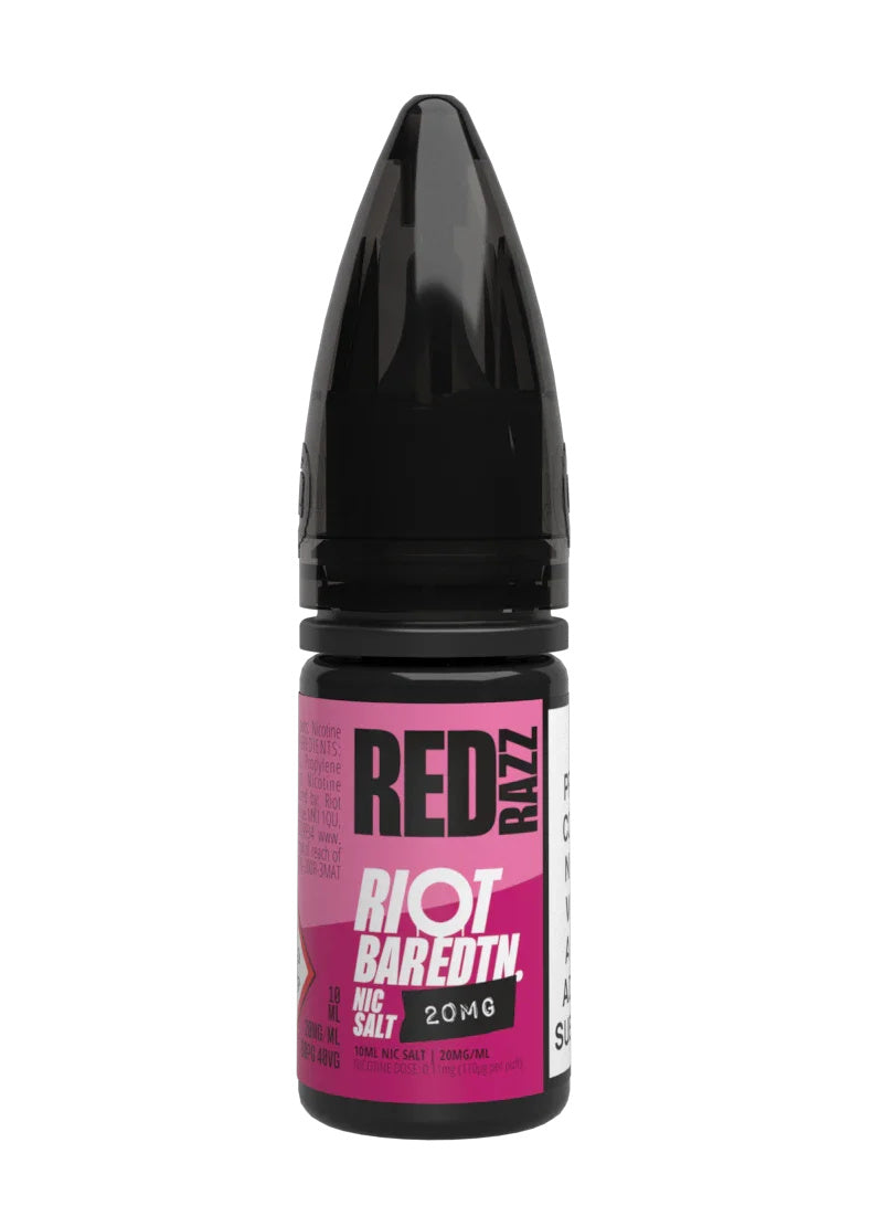 A 10ml bottle of Riot Bar Edtn Nic Salt, red razz flavour e-liquid, featuring a pink and black design
