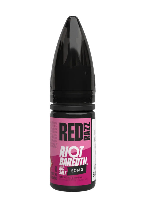 A 10ml bottle of Riot Bar Edtn Nic Salt, red razz flavour e-liquid, featuring a pink and black design
