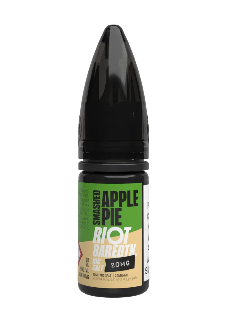A 10ml bottle of Riot Bar Edtn Nic Salt, smashed apple pie flavour e-liquid, featuring a cream, green and black design