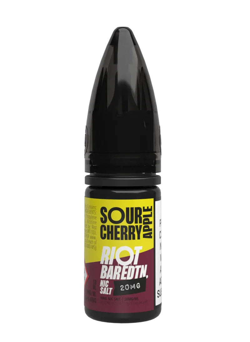 A 10ml bottle of Riot Bar Edtn Nic Salt, sour cherry apple flavour e-liquid, featuring a yellow, burgundy and black design