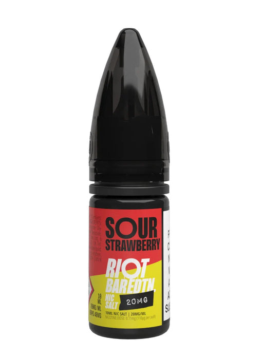 A 10ml bottle of Riot Bar Edtn Nic Salt, sour strawberry flavour e-liquid, featuring a yellow, red and black design