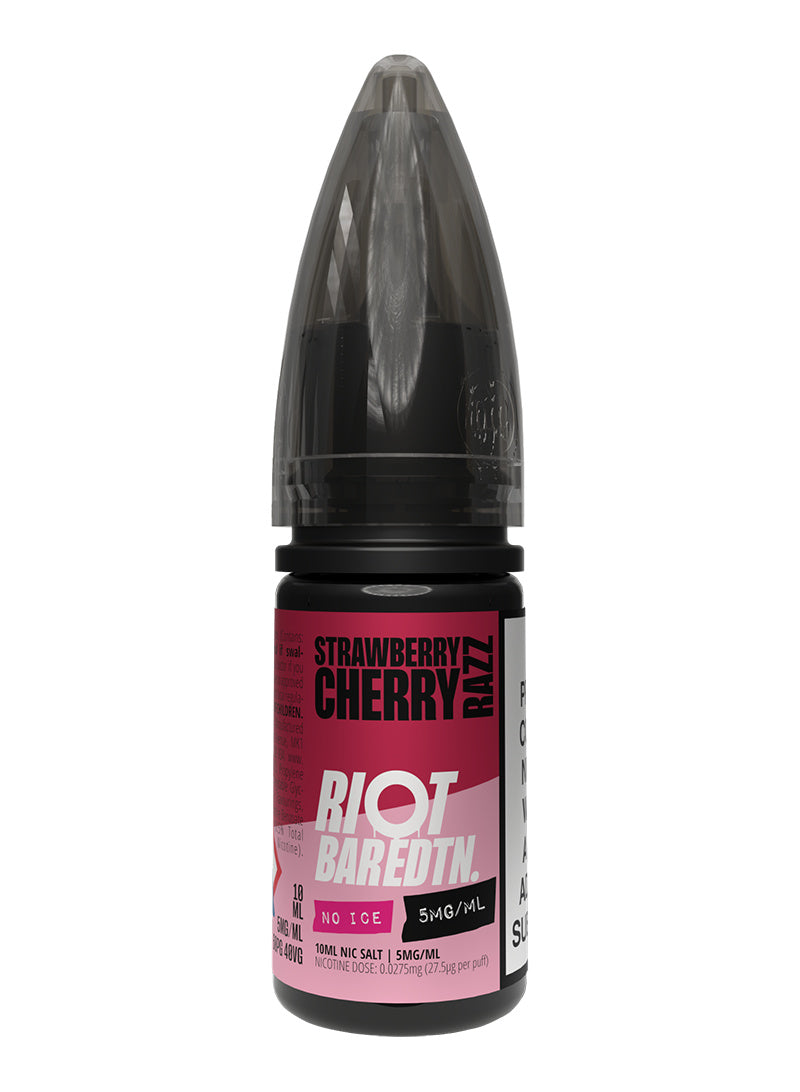 A 10ml bottle of Riot Bar Edtn Nic Salt, strawberry cherry razz flavour e-liquid, featuring a red, pink and black design