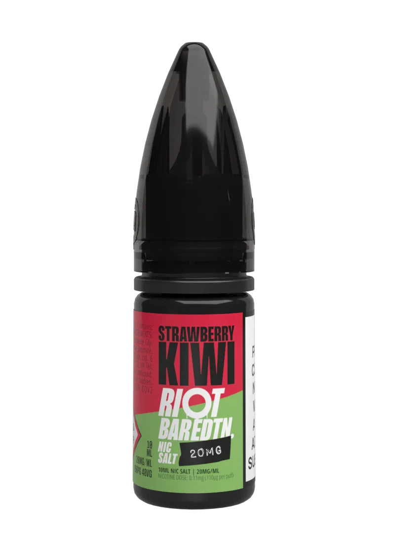 A 10ml bottle of Riot Bar Edtn Nic Salt, strawberry kiwi flavour e-liquid, featuring a red, green and black design