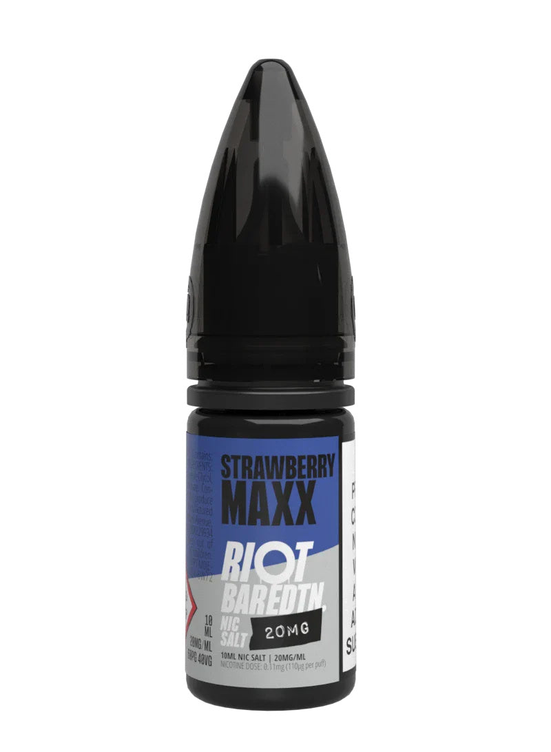 A 10ml bottle of Riot Bar Edtn Nic Salt, strawberry maxx flavour e-liquid, featuring a blue, grey and black design