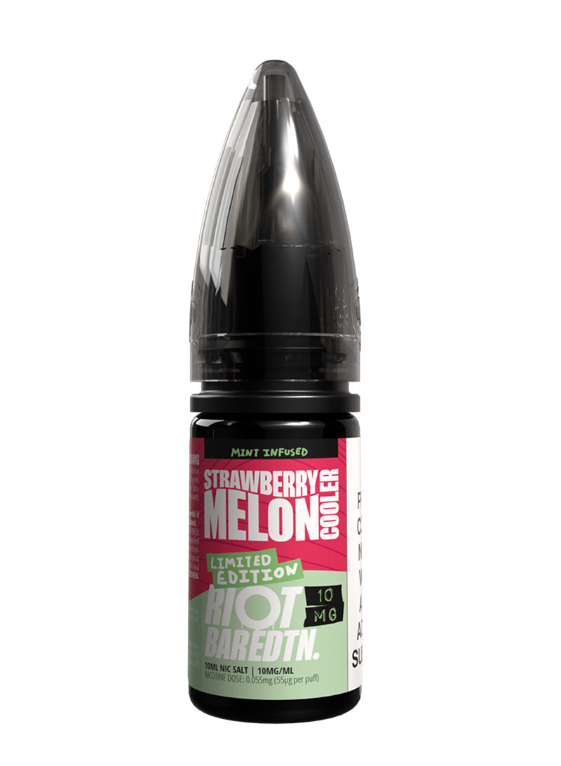 A 10ml bottle of Riot Bar Edtn Nic Salt, strawberry melon cooler flavour e-liquid, featuring a red, green and black design