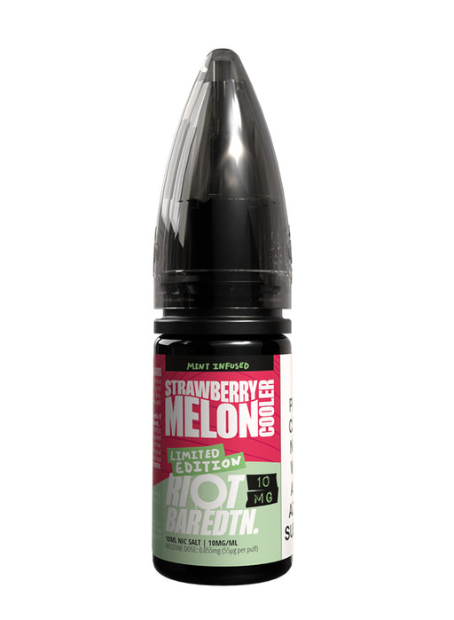 A 10ml bottle of Riot Bar Edtn Nic Salt, strawberry melon cooler flavour e-liquid, featuring a red, green and black design