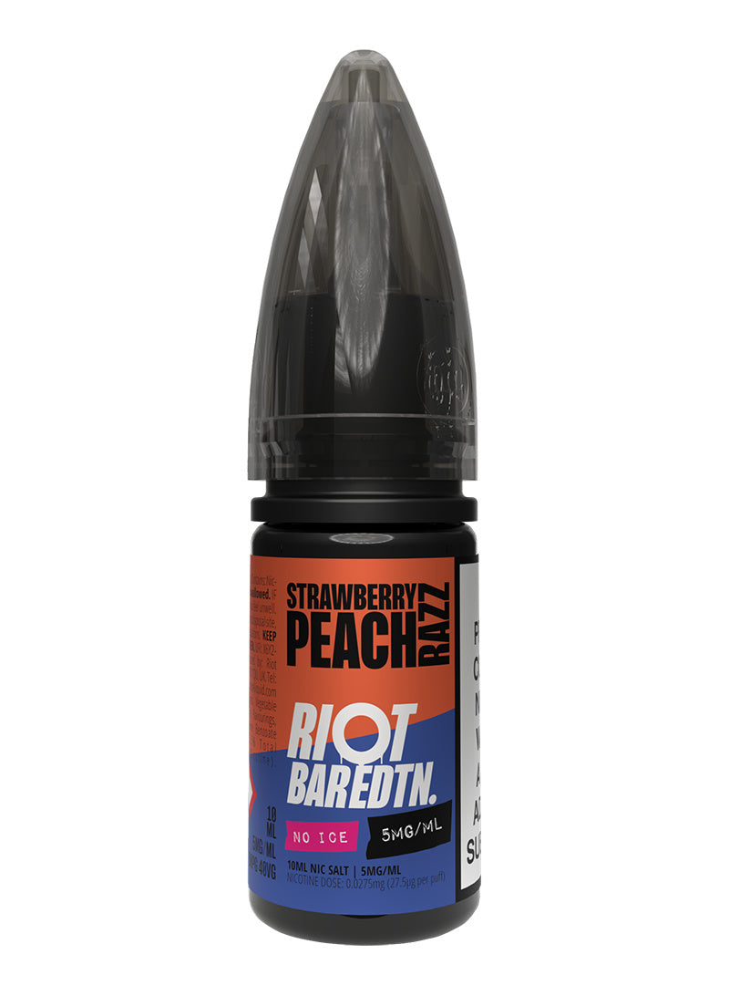 A 10ml bottle of Riot Bar Edtn Nic Salt, strawberry peach razz flavour e-liquid, featuring a red, blue and black design