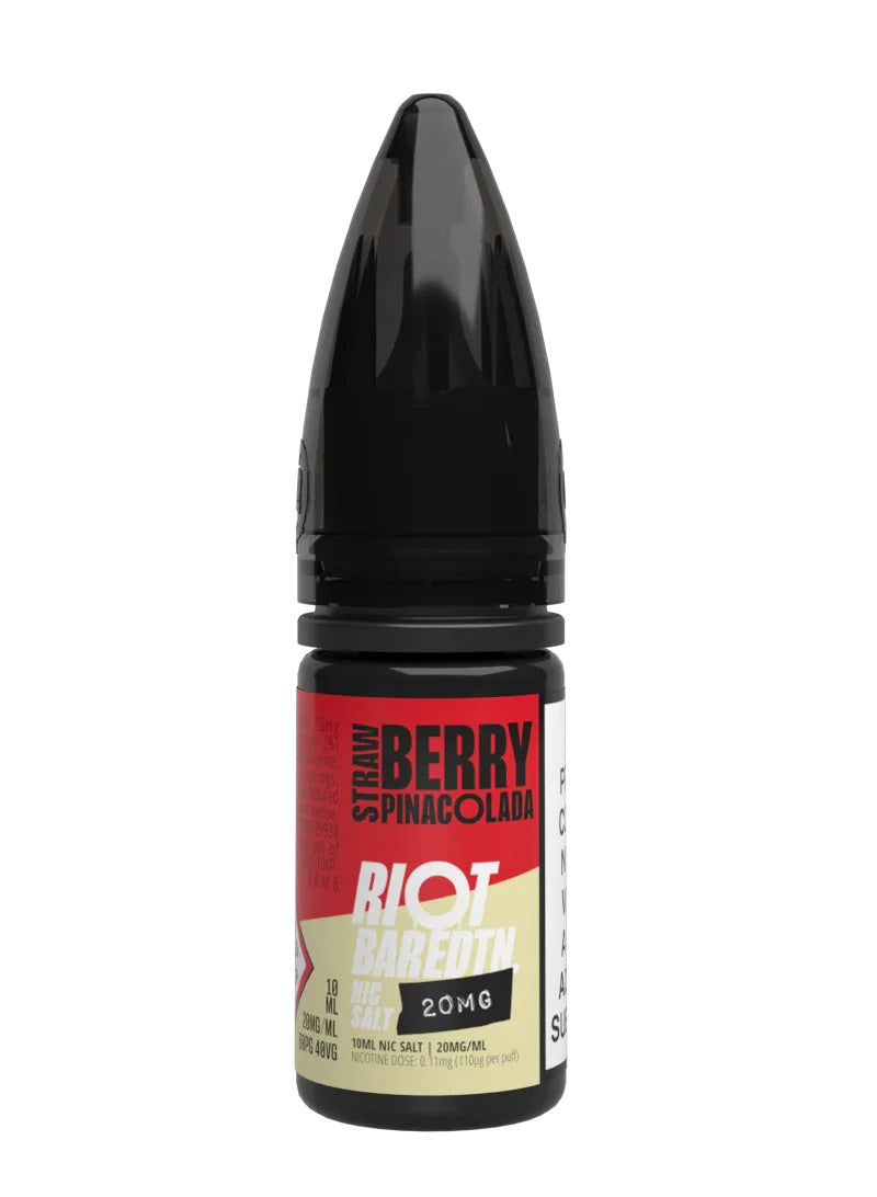 A 10ml bottle of Riot Bar Edtn Nic Salt, strawberry pinacolada flavour e-liquid, featuring a beige, red and black design
