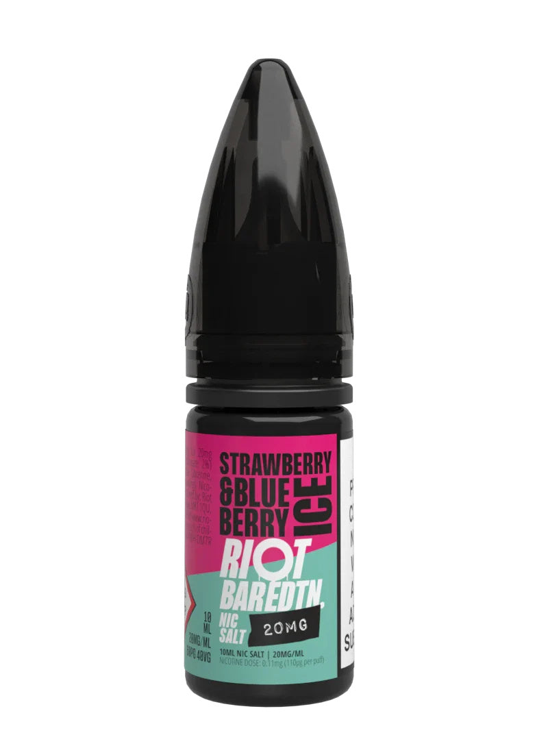 A 10ml bottle of Riot Bar Edtn Nic Salt, strawberry & blueberry ice flavour e-liquid, featuring a pink, light blue and black design