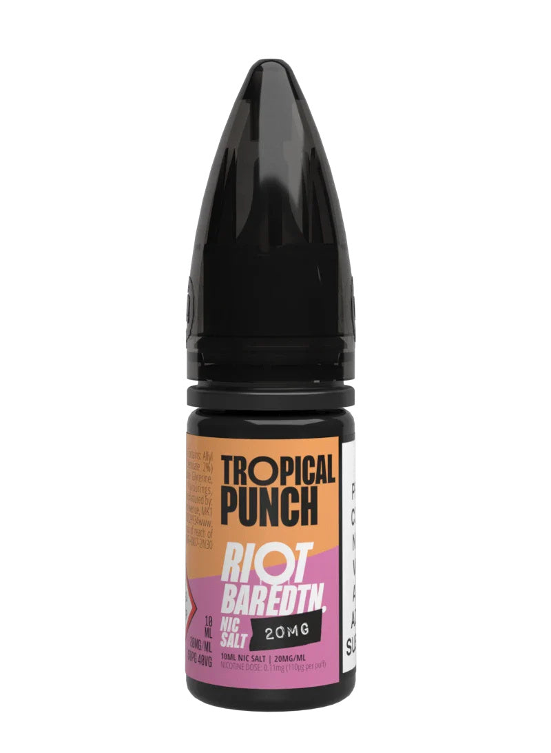 A 10ml bottle of Riot Bar Edtn Nic Salt, tropical punch flavour e-liquid, featuring a orange, pink and black design