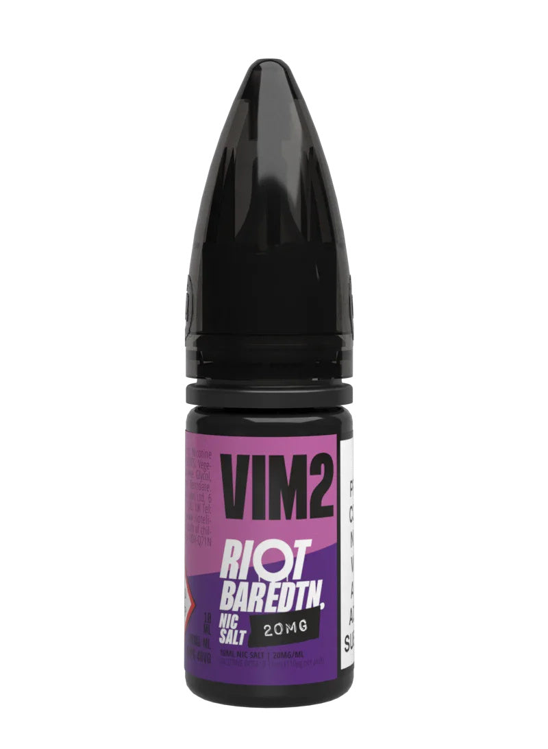 A 10ml bottle of Riot Bar Edtn Nic Salt, vim2 flavour e-liquid, featuring a purple and black design