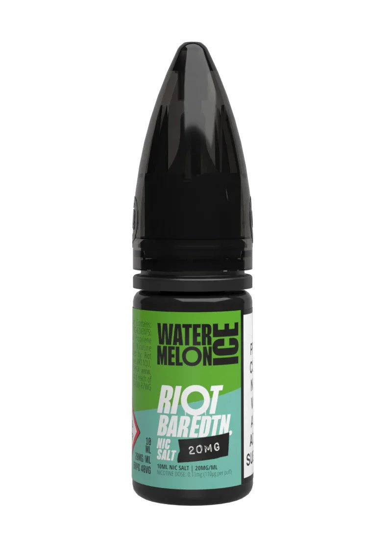 A 10ml bottle of Riot Bar Edtn Nic Salt, watermelon ice flavour e-liquid, featuring a cyan, green and black design