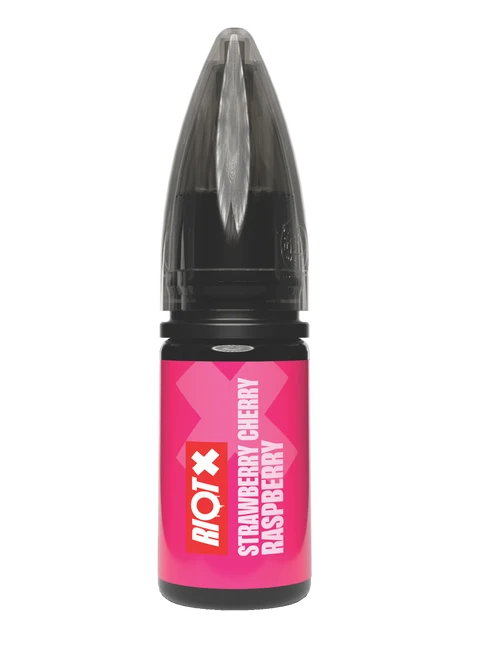 Riot x Nic Salt Pink label with strawberry cherry raspberry writing in white