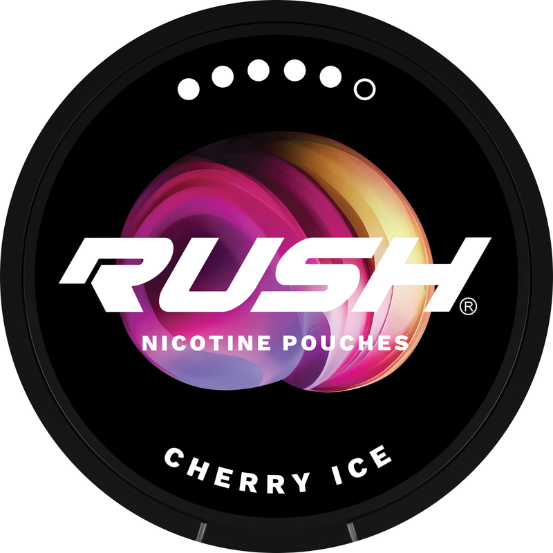 Rush Nicotine Pouch Cherry ice in white writing on a black tub extreme 5 dot strength