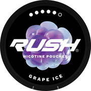 Rush Nicotine Pouch Grape ice in white writing on a black tub extreme 5 dot strength