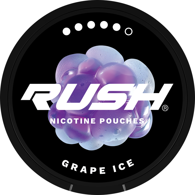 Rush Nicotine Pouch Grape ice in white writing on a black tub extreme 5 dot strength