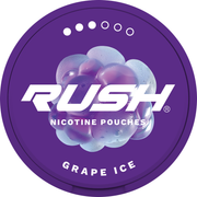 Rush Nicotine Pouch Grape ice in white writing on a purple tub pro 3 dot strength
