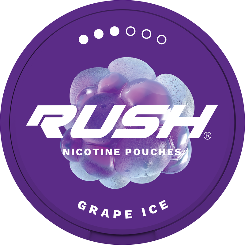 Rush Nicotine Pouch Grape ice in white writing on a purple tub pro 3 dot strength