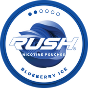 Rush Nicotine Pouches Blueberry Ice logo with blue and white design light 2 dot strength