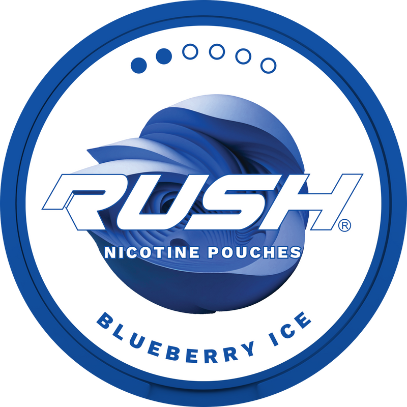 Rush Nicotine Pouches Blueberry Ice logo with blue and white design light 2 dot strength