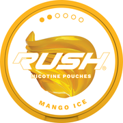Rush Nicotine Pouches Mango Ice logo with orange and white design light 2 dot strength