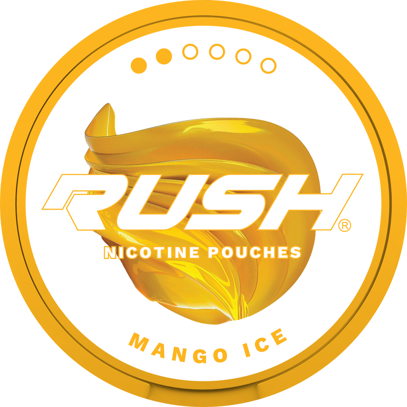 Rush Nicotine Pouches Mango Ice logo with orange and white design light 2 dot strength